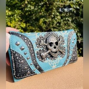 Skull & Crossbones Turquoise Studded Wallet Western Biker Punk Rock NWT